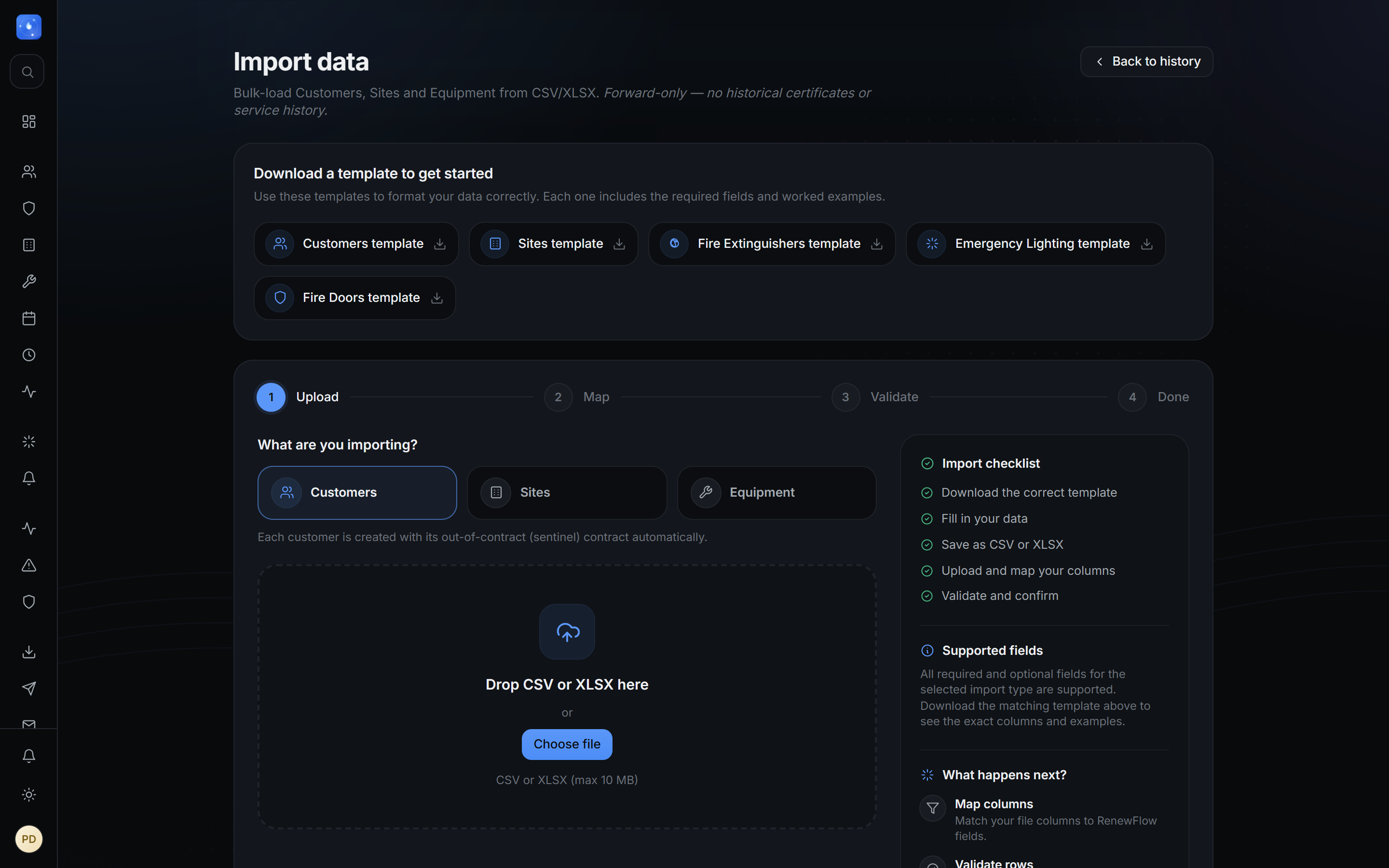 RenewFlow guided import — download a template, choose what you’re importing, drop a CSV or XLSX, then map, validate and confirm.